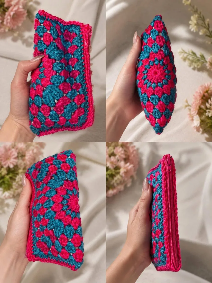 Anjore Pink and teal granny pouch Anjore Pink and teal granny pouch, handmade crochet by Atelier Annamaria. Zip pouch in hot pink and teal granny-square stitches.