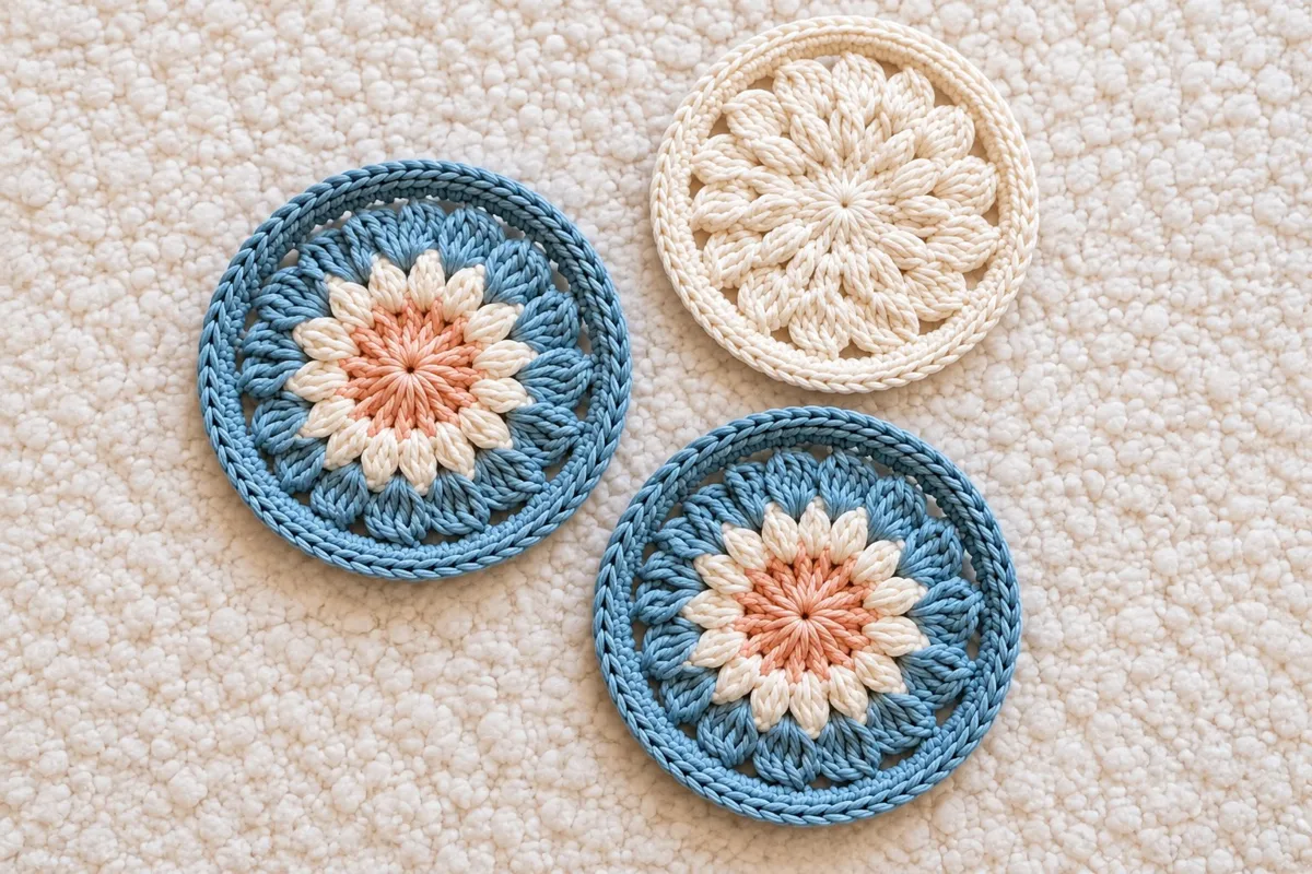 Sunburst coaster set Sunburst coaster set, handmade crochet by Atelier Annamaria. Blue and cream coasters with a flower centre.