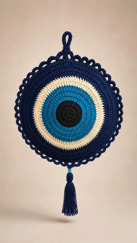 Evil eye wall hanging Evil eye wall hanging, handmade crochet by Atelier Annamaria. Navy, cream and turquoise evil eye with a scalloped edge and tassel.