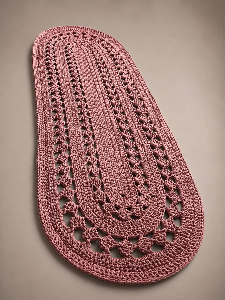 Rose oval table runner Rose oval table runner, handmade crochet by Atelier Annamaria. Long dusty-pink runner with openwork stripes.
