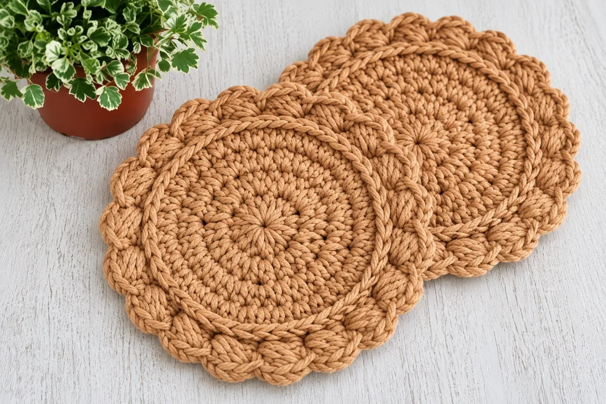 Honey placemat pair Honey placemat pair, handmade crochet by Atelier Annamaria. Two round caramel placemats with a textured edge.