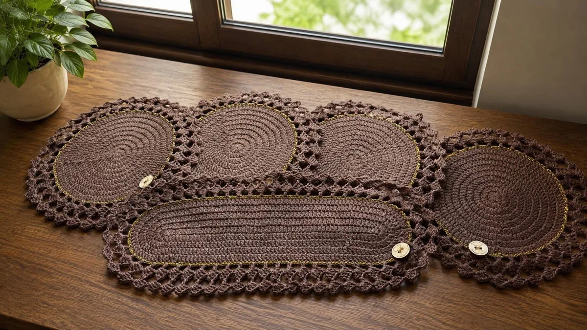 Cocoa table set Cocoa table set, handmade crochet by Atelier Annamaria. Brown placemats and runner with golden trim and wooden buttons.