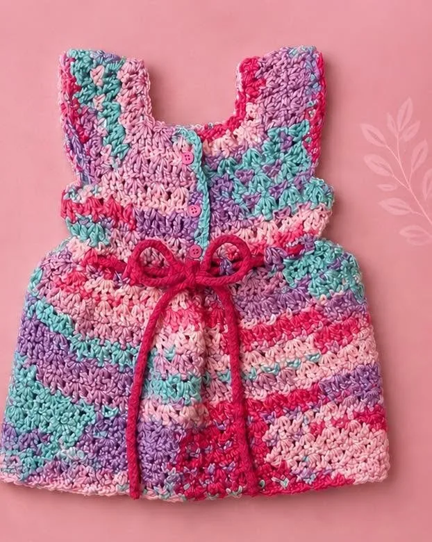 Candy swirl dress, handmade crochet by Atelier Annamaria. Pink, purple and turquoise dress with button back and tie belt.