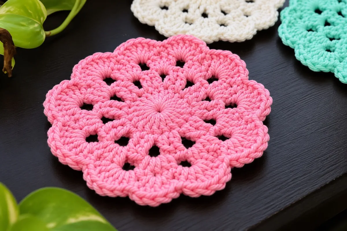 Pink flower coaster Pink flower coaster, handmade crochet by Atelier Annamaria. Bright pink petal-shaped coaster.